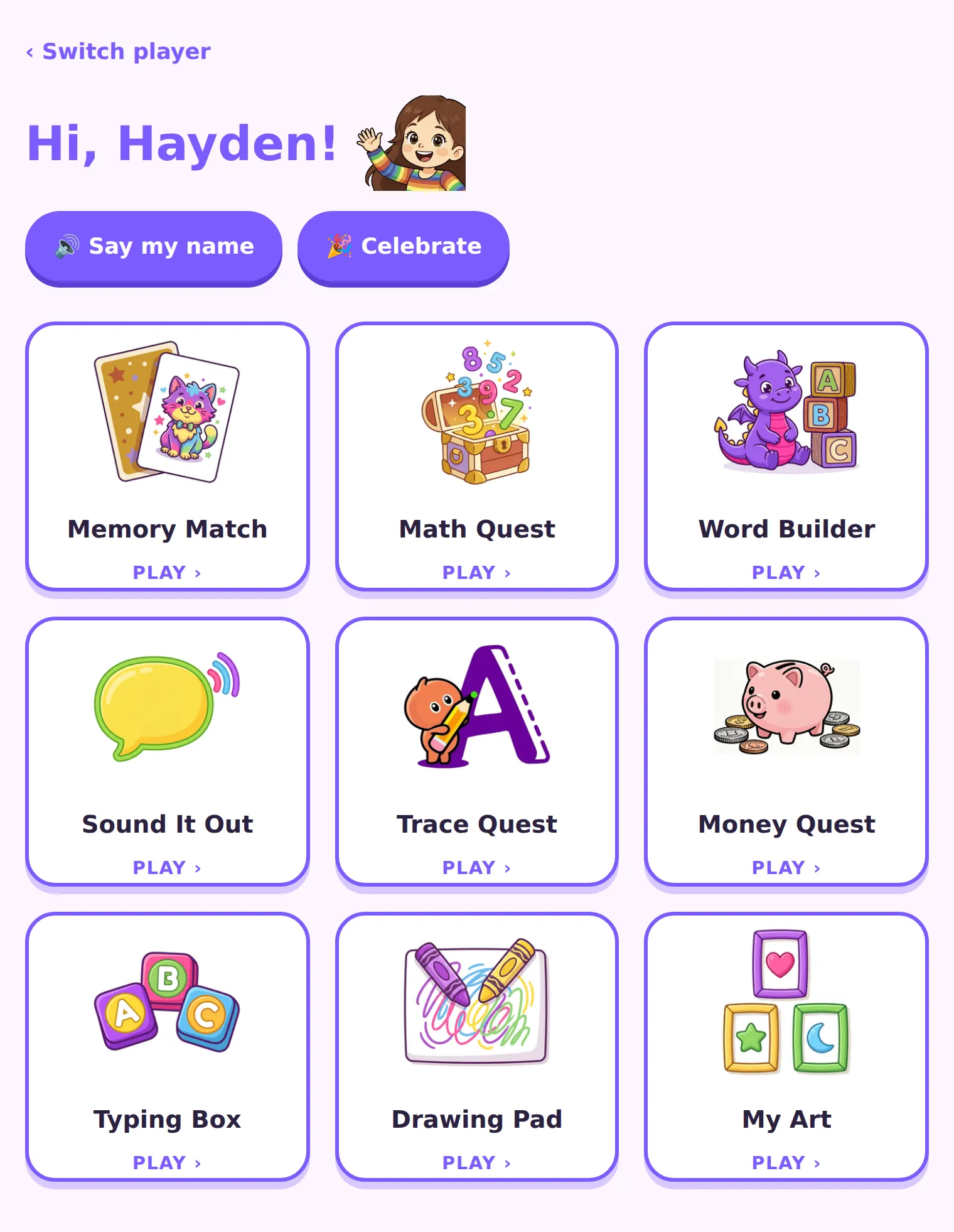 The kid home screen: a greeting that says “Hi, Hayden!” above a grid of nine big game tiles.