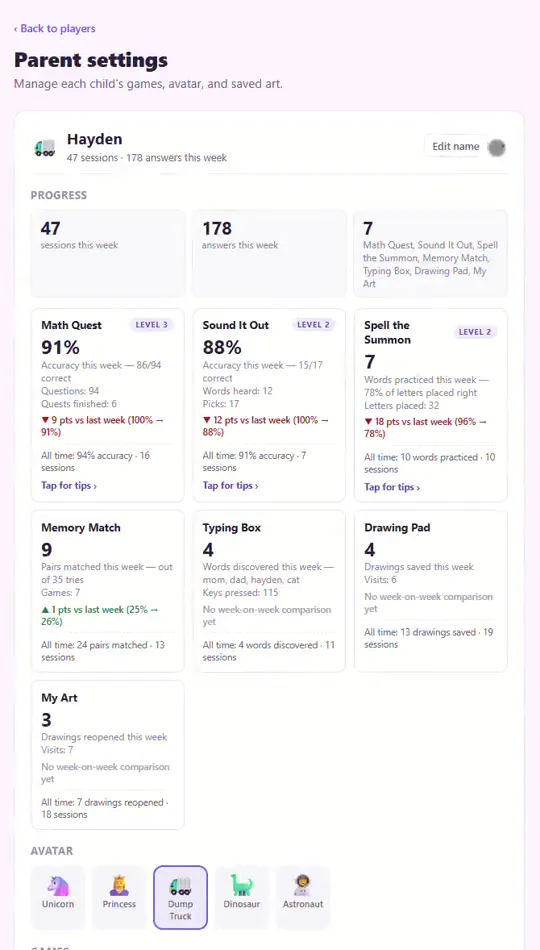 A screen recording of the parent settings area, showing each child's progress, the per-game on/off toggles, and the avatar picker.