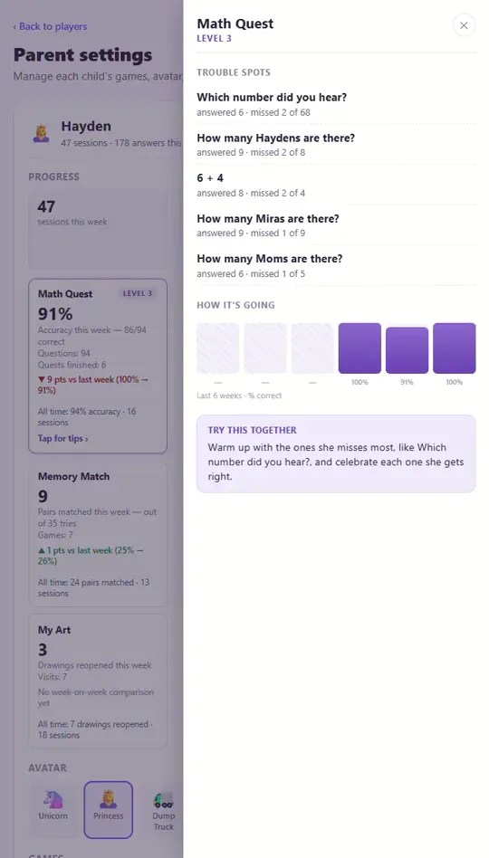 A screen recording of the parent coaching panel: the specific problems a child missed, a chart of how they are trending, and one suggested thing to practice together.